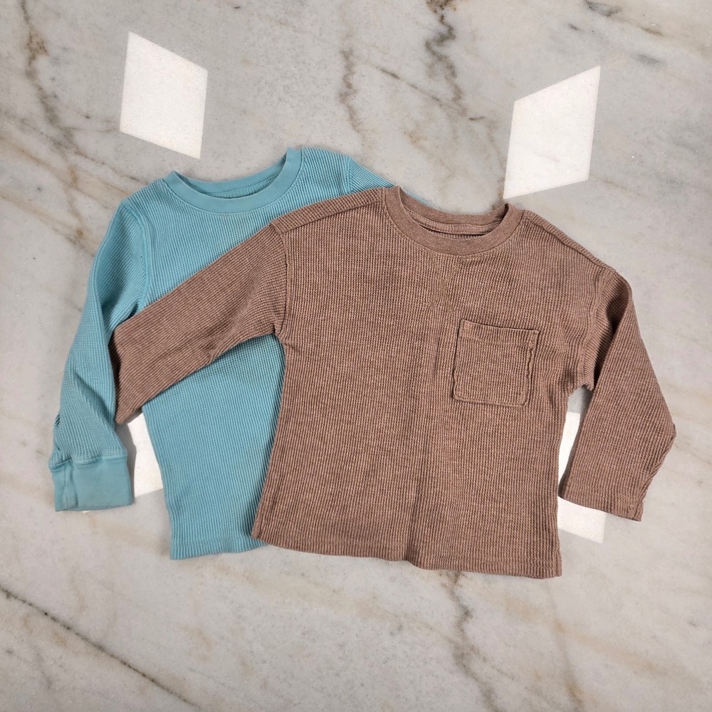 Cat & Jack Waffle Knit Tops Toddler 2T Blue Brown Long Sleeve Casual Basics 2pk